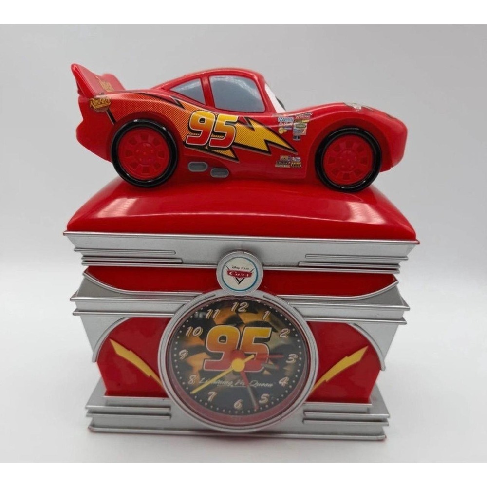 Vintage Disney Pixar Cars Lightning McQueen Alarm Clock Coin Bank Red #95 Works